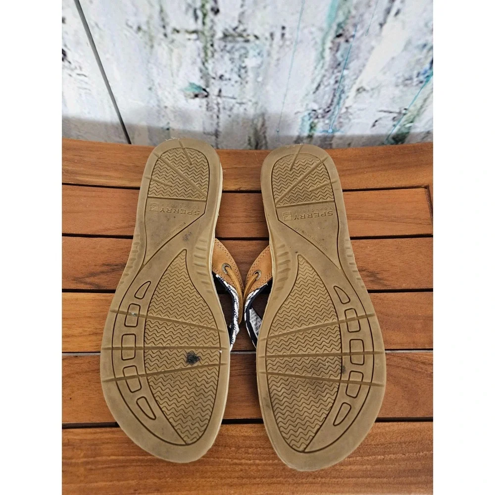 Sperry Seafish Flip Flop 7.5M Tan Blue Nautical Striped Leather Thong Sandals